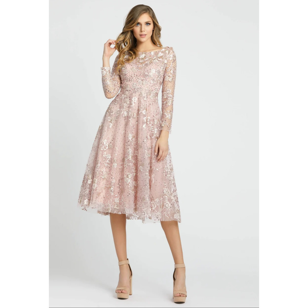 Mac Duggal 67501 Rose Pink Floral Detail Beaded Gown Midi 10 NEW‎